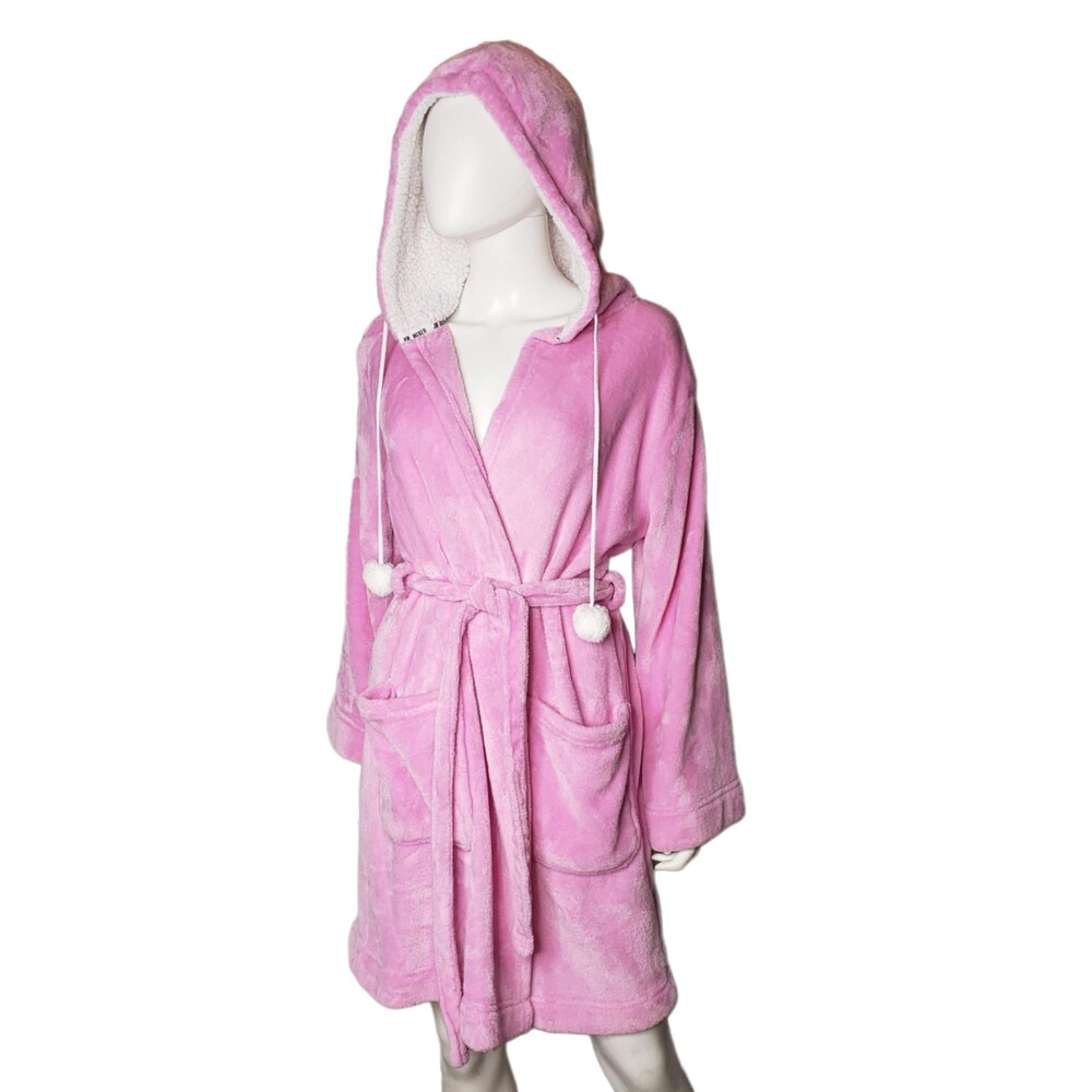JOE BOXER Pink and White Hooded Robe Bathrobe with Pom Poms Womens Size Medium